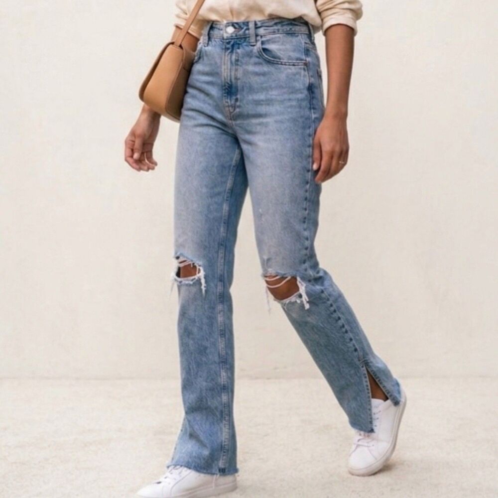 Zara Denim Jeans High Rise Straight Leg Raw split Hem 10 Tall 33” Inseam Retro